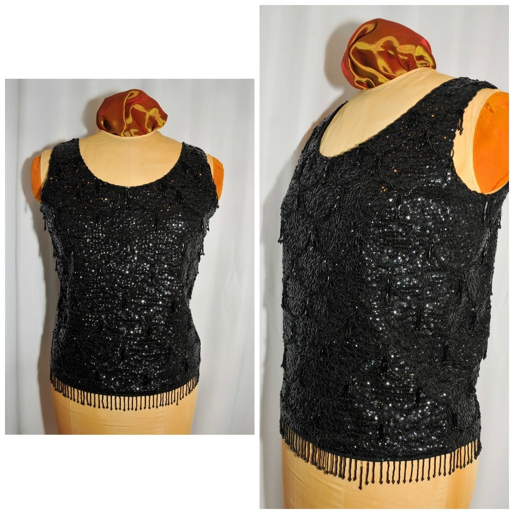 VTG 60s Black Sequin & Bead Wool Shell Tank Size M